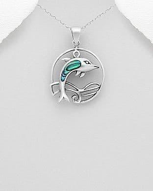 925 Sterling Silver Pendant & Chain, Featuring Dolphin Decorated With Abalone Stone Shell